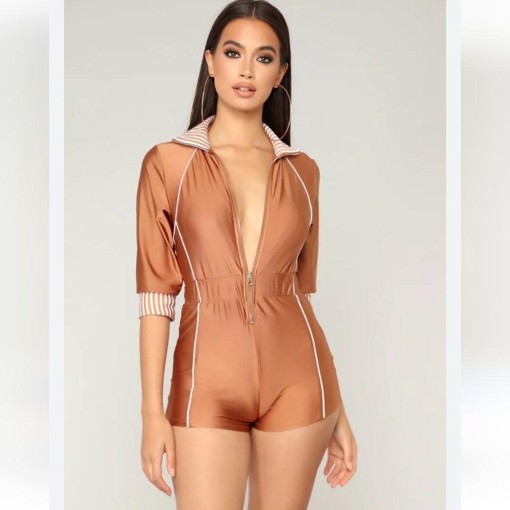 NWT Fashion Nova I Want It My Way Romper Brown/White Size S